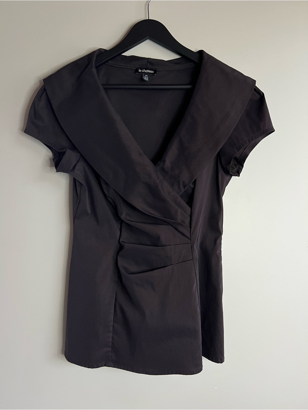 Le Château Brown Satin Wrap Blouse Top L/G Wide Collar Ruched Career Party